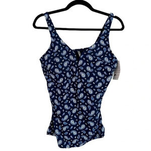 Land's End Deep Sea Navy Paisley Notch-Neck Tankini Adjustable Strap Top NWT